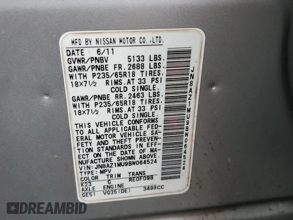 2011 Nissan Murano LE with VIN JN8AZ1MU9BW064524, listed as a Copart auction lot 42572685 with Not Provided miles and Salvage Title. Bid and sale history available at carsss.com. Image 13.