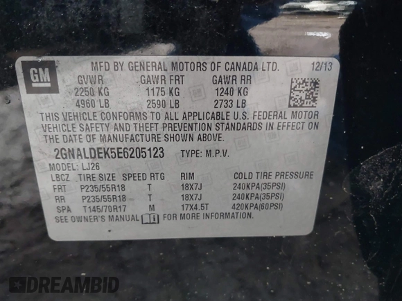 2014 Chevrolet Equinox LTZ with VIN 2GNALDEK5E6205123, listed as a IAAI auction lot 41541781 with 98,784 mi miles and . Bid and sale history available at DreamBid. Image 9.