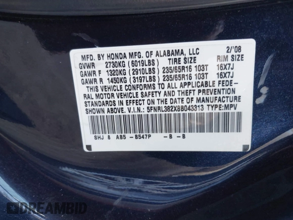 2008 Honda Odyssey LX with VIN 5FNRL382X8B043313, listed as a IAAI auction lot 42085879 with 164,522 mi miles. Bid and sale history available at carsss.com. Image 9.