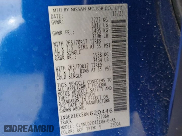 2024 Nissan Frontier SV with VIN 1N6ED1EK5RN620446, listed as a Copart auction lot 57661665 with 6,270 mi miles and Salvage title. Bid and sale history available at DreamBid. Image 12.
