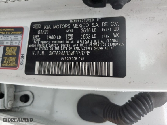 2021 Kia Rio S with VIN 3KPA24AD3ME378785, listed as a Copart auction lot 43650545 with 72,877 mi miles and Salvage Title. Bid and sale history available at carsss.com. Image 12.