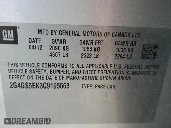 2012 Buick Regal Premium 1 с VIN 2G4GS5EK3C9195663, выставлен на аукционе Copart как лот 50073685 с пробегом 110 581 миль миль и Чистый • Clean title. История ставок и продаж доступна на DreamBid. Изображение 12.