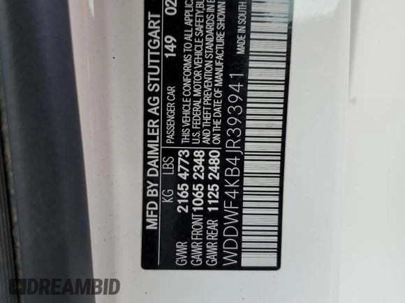 2018 Mercedes-Benz C 300 with VIN WDDWF4KB4JR393941, listed as a Copart auction lot 58537295 with 66,352 mi miles and Salvage title. Bid and sale history available at DreamBid. Image 12.