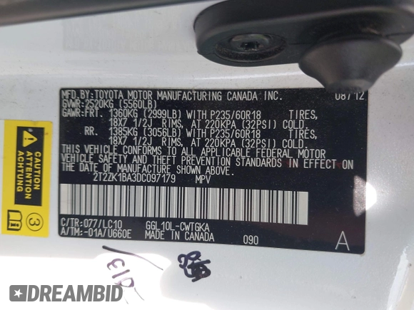 2013 Lexus RX 350 with VIN 2T2ZK1BA3DC097179, listed as a IAAI auction lot 42138803 with 133,468 mi miles and . Bid and sale history available at DreamBid. Image 9.