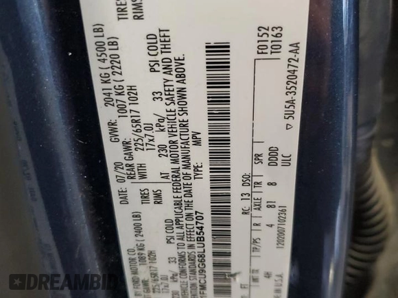 2020 Ford Escape SE с VIN 1FMCU9G68LUB54707, выставлен на аукционе Copart как лот 62463975 с пробегом 92 062 миль миль и Списание • Salvage title. История ставок и продаж доступна на DreamBid. Изображение 14.