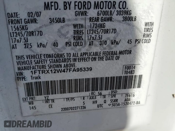 2007 Ford F-150 STX с VIN 1FTRX12W47FA95339, выставлен на аукционе Copart как лот 62309475 с пробегом 344 945 миль миль и Списание • Salvage title. История ставок и продаж доступна на DreamBid. Изображение 12.