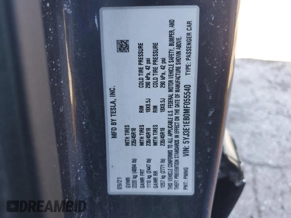 2021 Tesla Model 3 Long Range with VIN 5YJ3E1EB0MF055540, listed as a Copart auction lot 52463345 with 59,206 mi miles and Salvage Title. Bid and sale history available at DreamBid. Image 14.