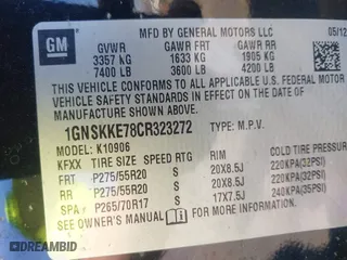 2012 Chevrolet Suburban LTZ with VIN 1GNSKKE78CR323272, listed as a IAAI auction lot 41794029 with 16,541 mi miles. Bid and sale history available at carsss.com. Image 9.