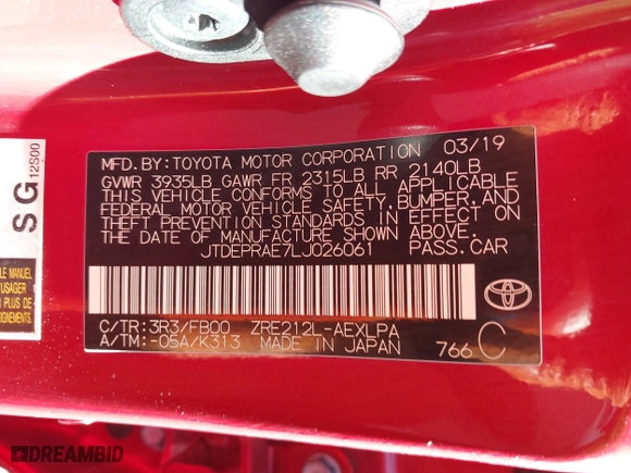 2020 Toyota Corolla LE with VIN JTDEPRAE7LJ026061, listed as a IAAI auction lot 41853920 with 74,248 mi miles. Bid and sale history available at carsss.com. Image 9.
