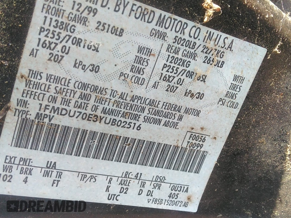 2000 Ford Explorer z VIN 1FMDU70E3YUB02516, wystawiony jako IAAI lot #42848390 z przebiegiem 183 280 mil mil oraz . Historia ofert i sprzedaży dostępna na DreamBid. Obrazek 9.