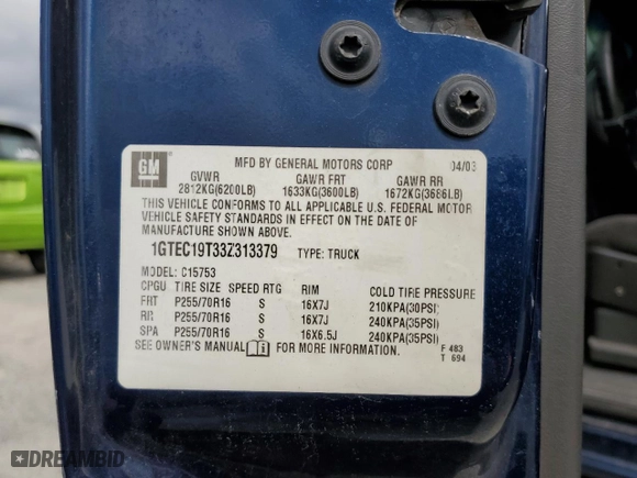 2003 GMC Sierra 1500 SLT with VIN 1GTEC19T33Z313379, listed as a Copart auction lot 48126095 with 256,458 mi miles and Salvage Title. Bid and sale history available at carsss.com. Image 12.