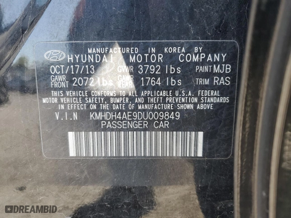 2013 Hyundai Elantra Limited with VIN KMHDH4AE9DU009849, listed as a Copart auction lot 52006695 with 103,673 mi miles and Salvage Title. Bid and sale history available at carsss.com. Image 12.