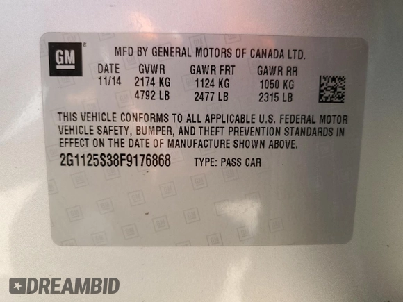 2015 Chevrolet Impala LT z VIN 2G1125S38F9176868, wystawiony jako Copart lot #56656935 z przebiegiem Nie podano mil oraz Szkoda całkowita • Salvage title. Historia ofert i sprzedaży dostępna na DreamBid. Obrazek 12.