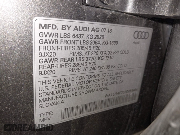 2018 Audi Q7 Premium Plus with VIN WA1LHAF70JD054404, listed as a IAAI auction lot 42068480 with 40,273 mi miles and . Bid and sale history available at DreamBid. Image 9.
