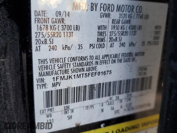 2015 Ford Expedition Max Platinum with VIN 1FMJK1MT5FEF01675, listed as a Copart auction lot 43652355 with 159,697 mi miles and Salvage title. Bid and sale history available at DreamBid. Image 15.