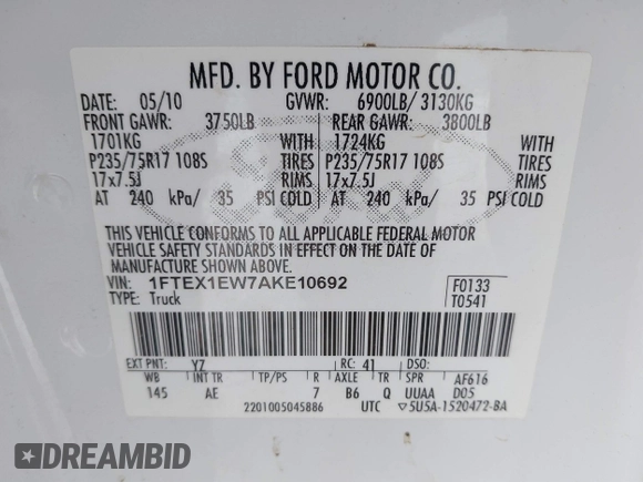 2010 Ford F-150 XL with VIN 1FTEX1EW7AKE10692, listed as a IAAI auction lot 41471898 with 180,835 mi miles and . Bid and sale history available at DreamBid. Image 9.