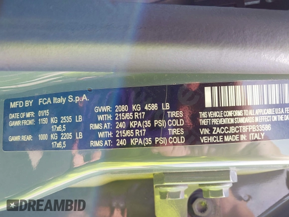 2015 Jeep Renegade Trailhawk with VIN ZACCJBCT8FPB33586, listed as a IAAI auction lot 42590207 with 127,168 mi miles and . Bid and sale history available at DreamBid. Image 9.