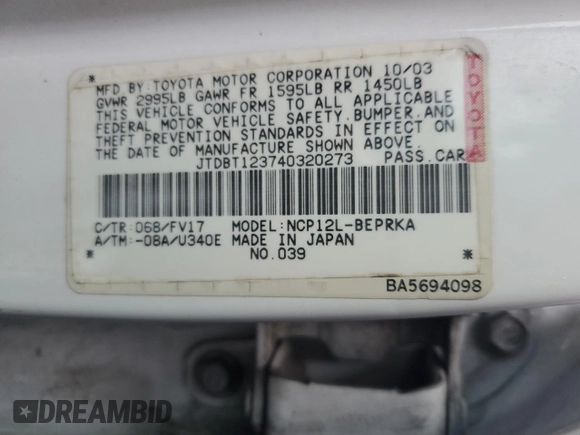 2004 Toyota ECHO with VIN JTDBT123740320273, listed as a Copart auction lot 87401334 with 173,547 mi miles and Salvage title. Bid and sale history available at DreamBid. Image 13.