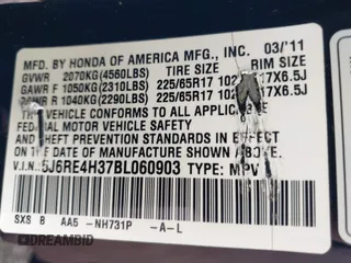 2011 Honda CR-V LX with VIN 5J6RE4H37BL060903, listed as a IAAI auction lot 42138576 with 124,559 mi miles. Bid and sale history available at carsss.com. Image 9.