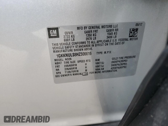 2017 GMC Acadia SLT with VIN 1GKKNULS8HZ306616, listed as a Copart auction lot 49840605 with 108,572 mi miles and Salvage Title. Bid and sale history available at carsss.com. Image 14.