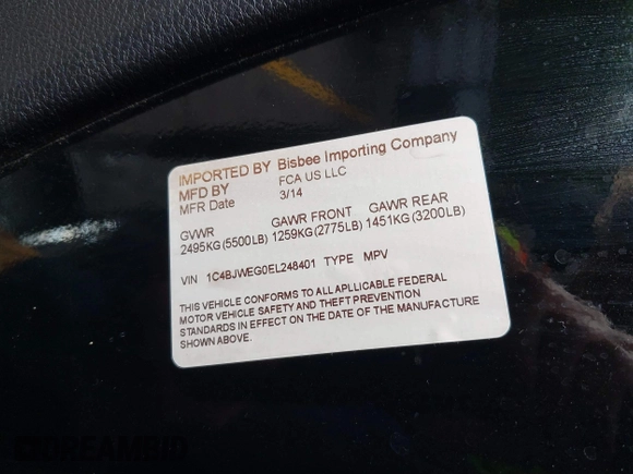 2014 Jeep Wrangler Unlimited Sahara с VIN 1C4BJWEG0EL248401, выставлен на аукционе IAAI как лот 42306970 с пробегом 134 904 миль миль и . История ставок и продаж доступна на DreamBid. Изображение 9.
