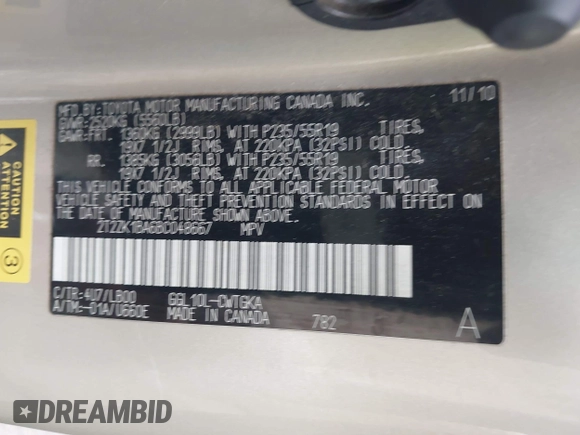 2011 Lexus RX 350 with VIN 2T2ZK1BA6BC048667, listed as a IAAI auction lot 42091507 with 250,337 mi miles and . Bid and sale history available at DreamBid. Image 9.