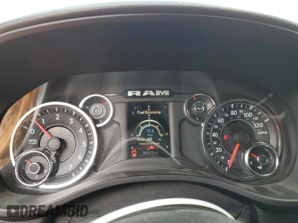 2019 Ram 1500 Big Horn with VIN 1C6SRFFT5KN708244, listed as a Copart auction lot 56981135 with 86,903 mi miles and Salvage title. Bid and sale history available at DreamBid. Image 9.