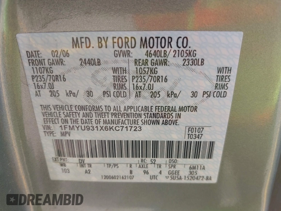 2006 Ford Escape XLT with VIN 1FMYU931X6KC71723, listed as a IAAI auction lot 42253154 with 148,959 mi miles and . Bid and sale history available at DreamBid. Image 9.