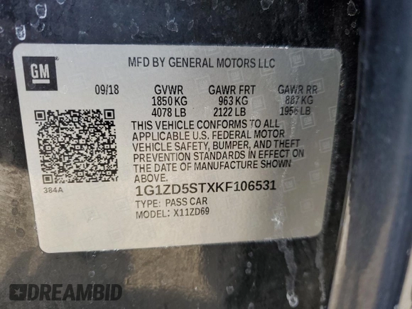 2019 Chevrolet Malibu LT with VIN 1G1ZD5STXKF106531, listed as a Copart auction lot 42432905 with 100,186 mi miles and Salvage Title. Bid and sale history available at DreamBid. Image 14.