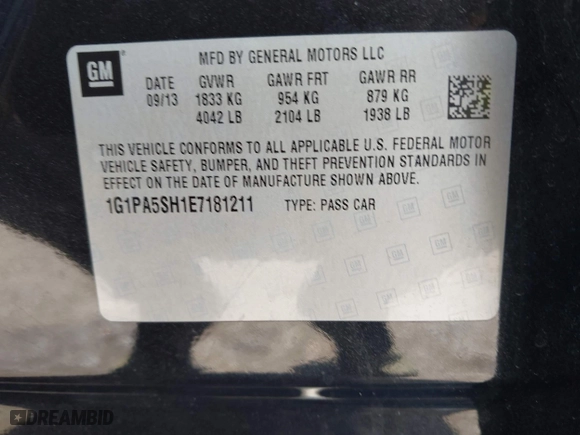 2014 Chevrolet Cruze LS with VIN 1G1PA5SH1E7181211, listed as a IAAI auction lot 41850676 with 128,893 mi miles. Bid and sale history available at carsss.com. Image 9.