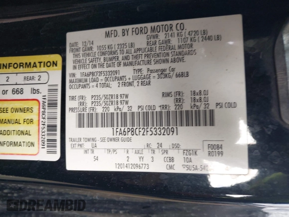 2015 Ford Mustang GT with VIN 1FA6P8CF2F5332091, listed as a IAAI auction lot 41586768 with 86,529 mi miles and . Bid and sale history available at carsss.com. Image 9.