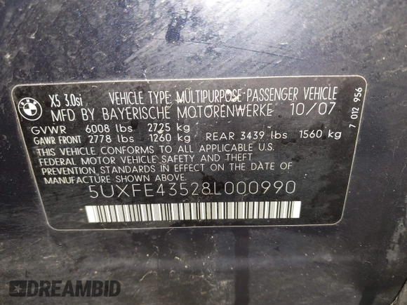 2008 BMW X5 3.0si z VIN 5UXFE43528L000990, wystawiony jako IAAI lot #41904741 z przebiegiem Nie podano mil oraz . Historia ofert i sprzedaży dostępna na DreamBid. Obrazek 9.