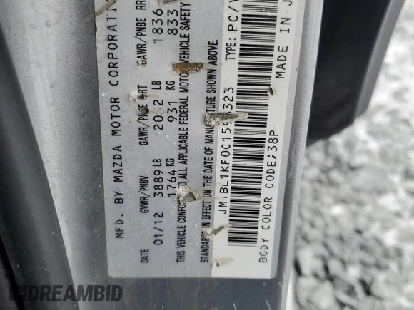 2012 Mazda 3 GX with VIN JM1BL1KF0C1598323, listed as a Copart auction lot 88100315 with Not Provided miles and Clean Title. Bid and sale history available at carsss.com. Image 12.