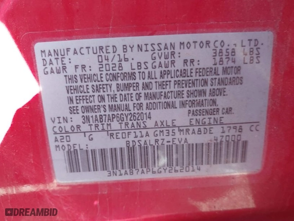 2016 Nissan Sentra SR with VIN 3N1AB7AP6GY262014, listed as a IAAI auction lot 41800744 with 198,494 mi miles. Bid and sale history available at carsss.com. Image 9.