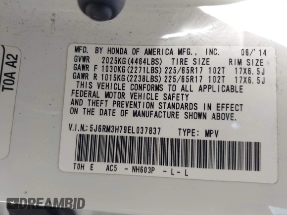 2014 Honda CR-V EX-L with VIN 5J6RM3H79EL037837, listed as a IAAI auction lot 42166214 with 257,643 mi miles and . Bid and sale history available at carsss.com. Image 9.