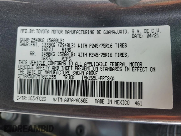 2021 Toyota Tacoma SR with VIN 3TYAX5GN7MT021255, listed as a Copart auction lot 42616935 with 64,626 mi miles and Salvage title. Bid and sale history available at DreamBid. Image 12.