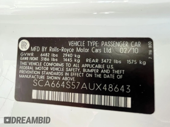 2010 Rolls-Royce Ghost z VIN SCA664S57AUX48643, wystawiony jako Copart lot #83959114 z przebiegiem 52 605 mil mil oraz Czysty tytuł • Clean title. Historia ofert i sprzedaży dostępna na DreamBid. Obrazek 10.