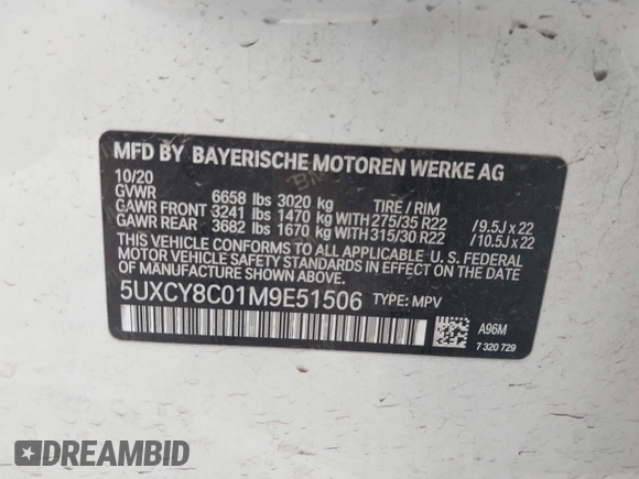 2021 BMW X6 M50i z VIN 5UXCY8C01M9E51506, wystawiony jako IAAI lot #41538726 z przebiegiem Nie podano mil oraz . Historia ofert i sprzedaży dostępna na DreamBid. Obrazek 9.