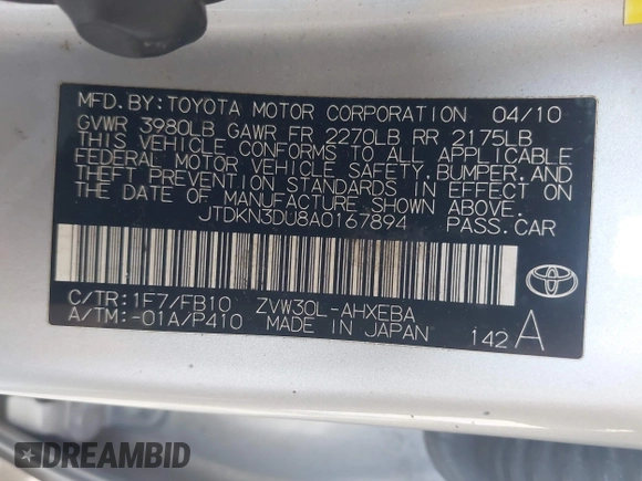 2010 Toyota Prius II with VIN JTDKN3DU8A0167894, listed as a IAAI auction lot 42078503 with 387,366 mi miles. Bid and sale history available at carsss.com. Image 9.