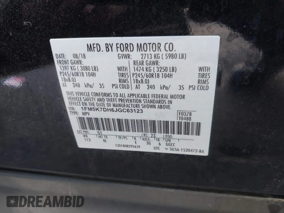 2018 Ford Explorer XLT with VIN 1FM5K7DH6JGC63123, listed as a IAAI auction lot 41469314 with 66,035 mi miles and . Bid and sale history available at DreamBid. Image 9.