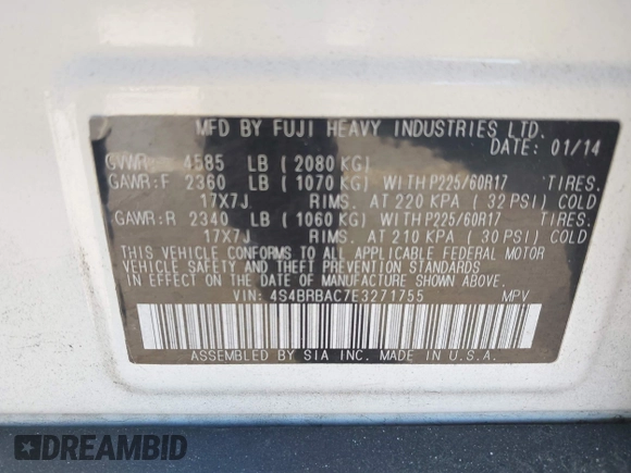 2014 Subaru Outback 2.5i with VIN 4S4BRBAC7E3271755, listed as a IAAI auction lot 41422901 with 139,510 mi miles. Bid and sale history available at carsss.com. Image 9.