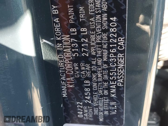 2023 Kia Stinger GT2 with VIN KNAE55LC3P6122804, listed as a Copart auction lot 48933335 with 17,495 mi miles and Salvage Title. Bid and sale history available at DreamBid. Image 12.