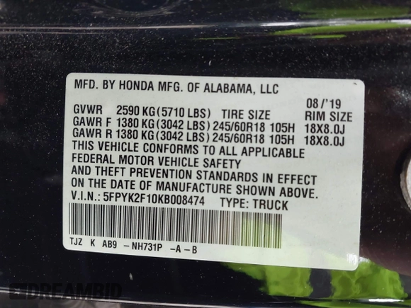 2019 Honda Ridgeline Sport with VIN 5FPYK2F10KB008474, listed as a IAAI auction lot 42144225 with 101,274 mi miles and . Bid and sale history available at DreamBid. Image 9.