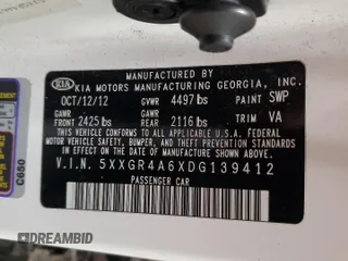 2013 Kia Optima SX with VIN 5XXGR4A6XDG139412, listed as a Copart auction lot 60223285 with 139,884 mi miles and Salvage title. Bid and sale history available at DreamBid. Image 13.