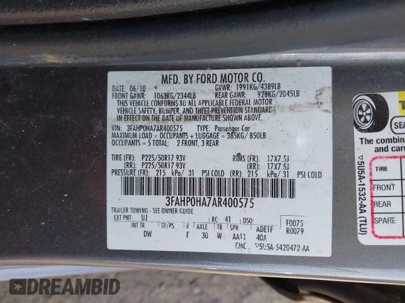2010 Ford Fusion SE with VIN 3FAHP0HA7AR400575, listed as a IAAI auction lot 42622292 with 137,032 mi miles and . Bid and sale history available at DreamBid. Image 9.