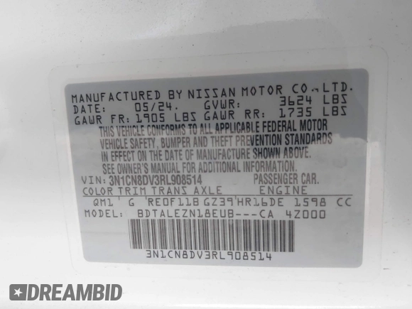 2024 Nissan Versa S with VIN 3N1CN8DV3RL908514, listed as a IAAI auction lot 41595191 with 1,903 mi miles and . Bid and sale history available at DreamBid. Image 9.