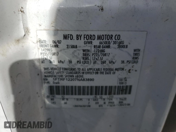 2007 Ford F-150 XL with VIN 1FTRF12207NA83890, listed as a Copart auction lot 87203484 with Not provided miles and Salvage title. Bid and sale history available at DreamBid. Image 12.