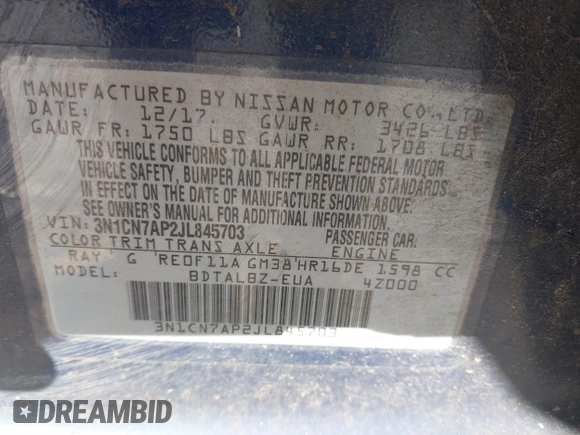 2018 Nissan Versa SV with VIN 3N1CN7AP2JL845703, listed as a IAAI auction lot 41081090 with Not Provided miles. Bid and sale history available at carsss.com. Image 9.