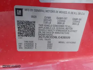2020 GMC Sierra 1500 Elevation with VIN 3GTU9CED6LG438509, listed as a IAAI auction lot 41065097 with 87,151 mi miles. Bid and sale history available at carsss.com. Image 9.