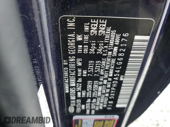 2020 Kia Sorento EX V6 with VIN 5XYPHDA54LG682176, listed as a Copart auction lot 51094965 with 73,113 mi miles and Salvage Title. Bid and sale history available at carsss.com. Image 14.